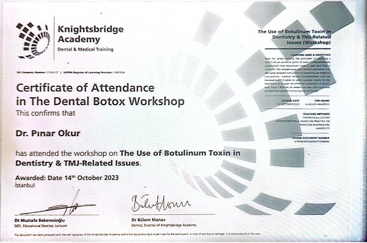 The Dental Botox Workshop sertifikası — Dt. Pınar Okur
