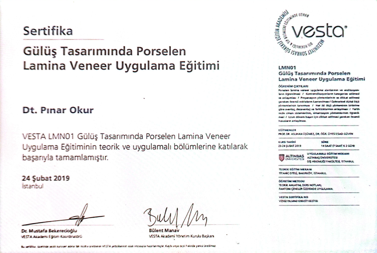 Porselen Lamina Veneer Uygulama Eğitimi sertifikası — Dt. Pınar Okur